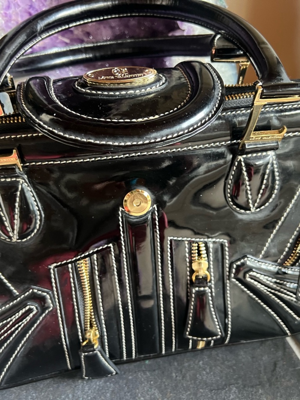 Black Patent Women's Satchel Bag with Gold Hardware - Picture 2 of 15